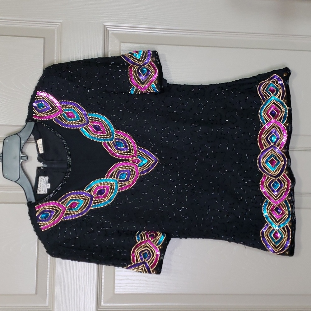 Vintage Stenay silk beaded sequined short sleeved top